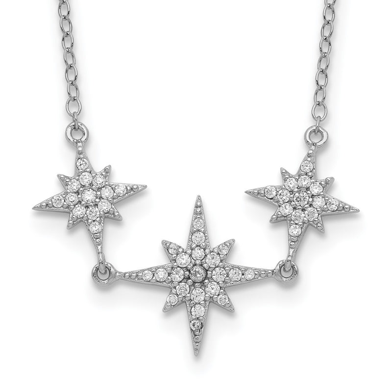 Sterling Silver Rhodium-Plated Cz 3-Stars W/2In Ext Necklace