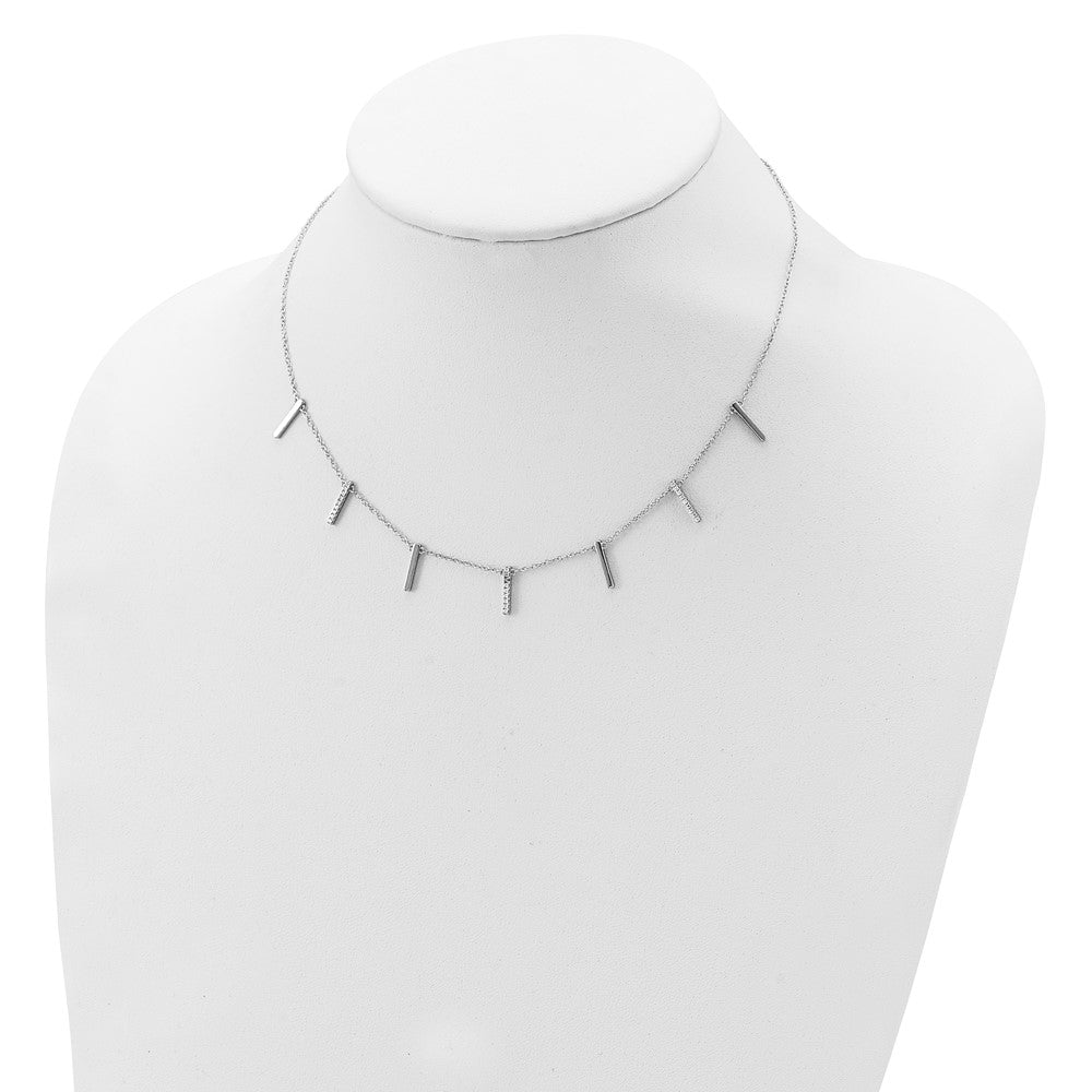 Sterling Silver Rhodium-Plated Cz Vertical Bars W/2In Ext Necklace