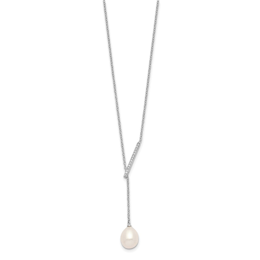 Sterling Silver Rhodium-Plated Cz Bar/Fwc Pearl W/2In Ext Necklace