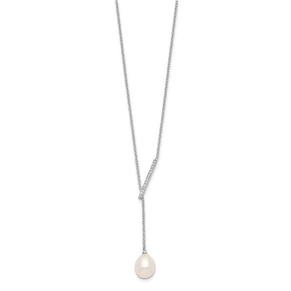 Sterling Silver Rhodium-Plated Cz Bar/Fwc Pearl W/2In Ext Necklace