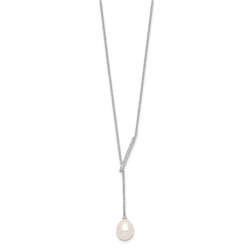 Sterling Silver Rhodium-Plated Cz Bar/Fwc Pearl W/2In Ext Necklace