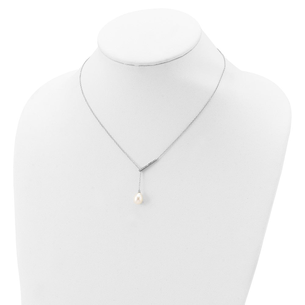 Sterling Silver Rhodium-Plated Cz Bar/Fwc Pearl W/2In Ext Necklace
