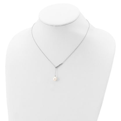 Sterling Silver Rhodium-Plated Cz Bar/Fwc Pearl W/2In Ext Necklace