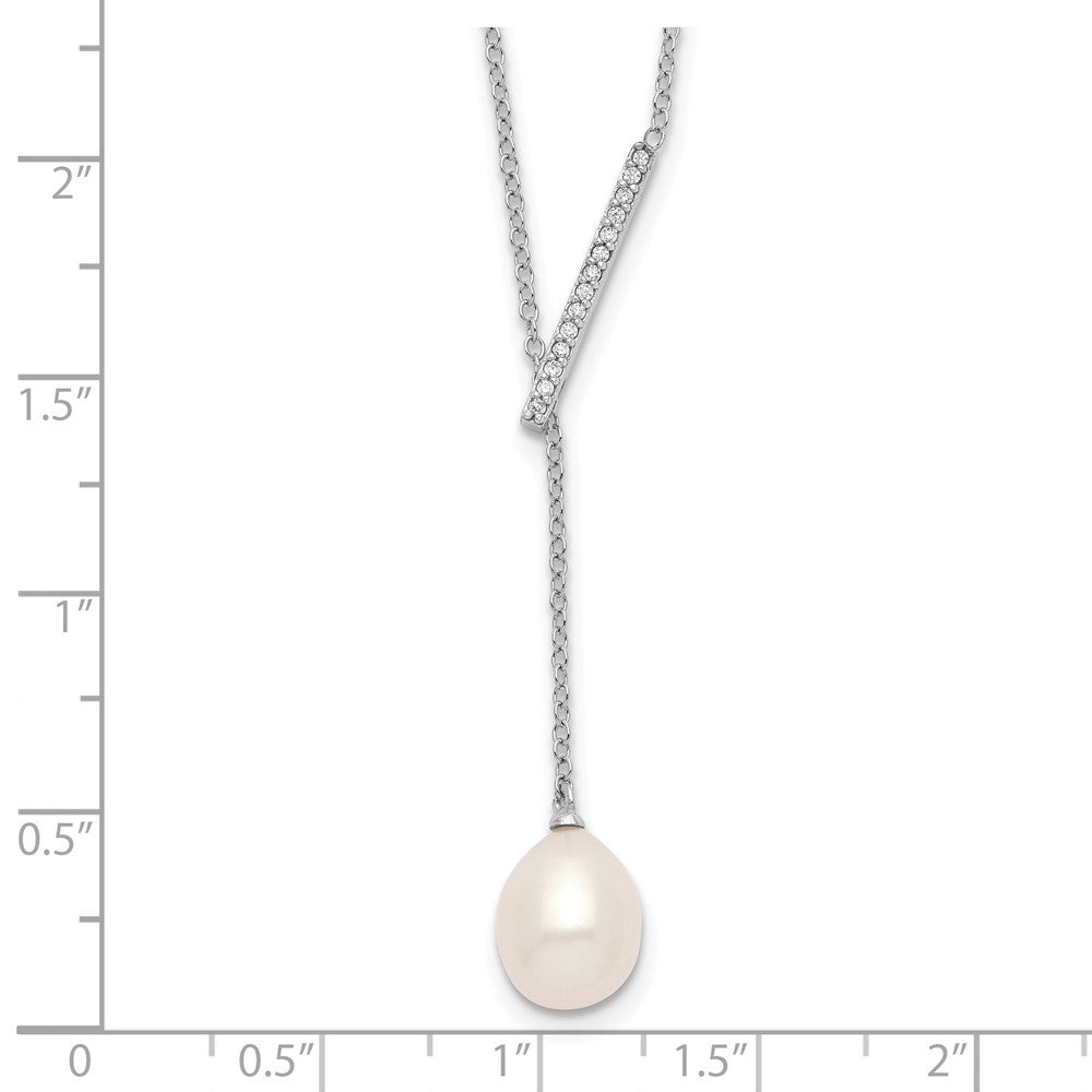 Sterling Silver Rhodium-Plated Cz Bar/Fwc Pearl W/2In Ext Necklace