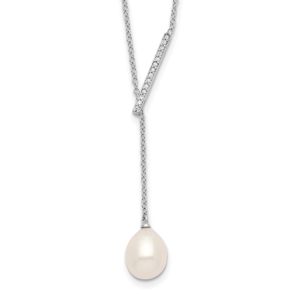 Sterling Silver Rhodium-Plated Cz Bar/Fwc Pearl W/2In Ext Necklace