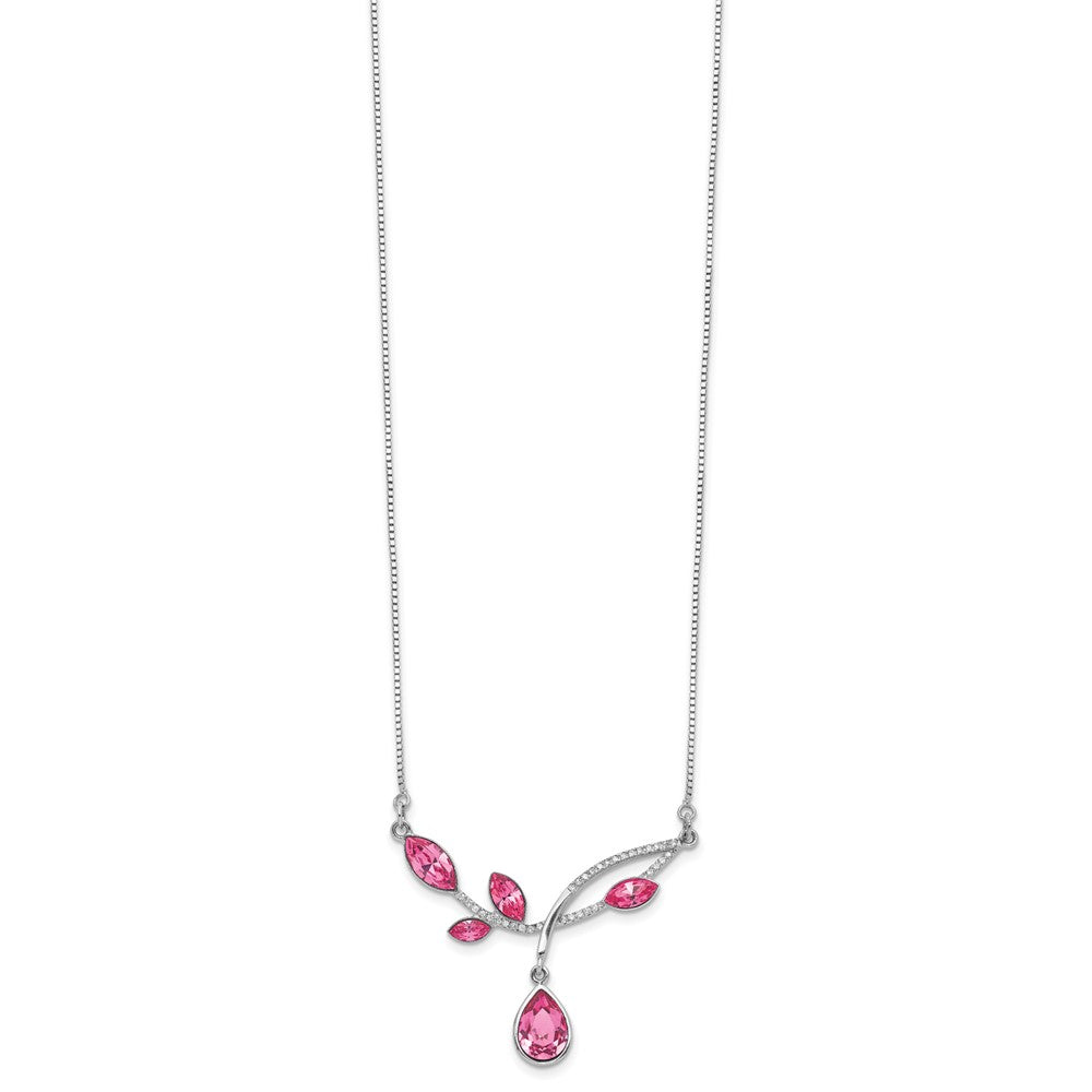 Sterling Silver Rh-Plated Pink Crystal Branch W/2In Ext Necklace