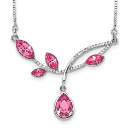 Sterling Silver Rh-Plated Pink Crystal Branch W/2In Ext Necklace