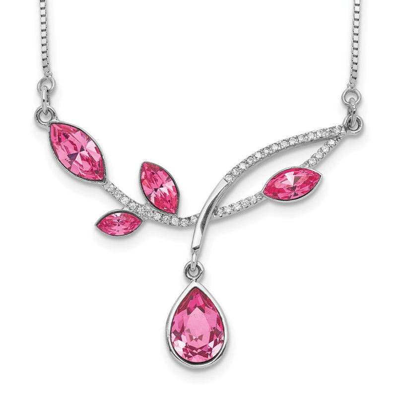 Sterling Silver Rh-Plated Pink Crystal Branch W/2In Ext Necklace