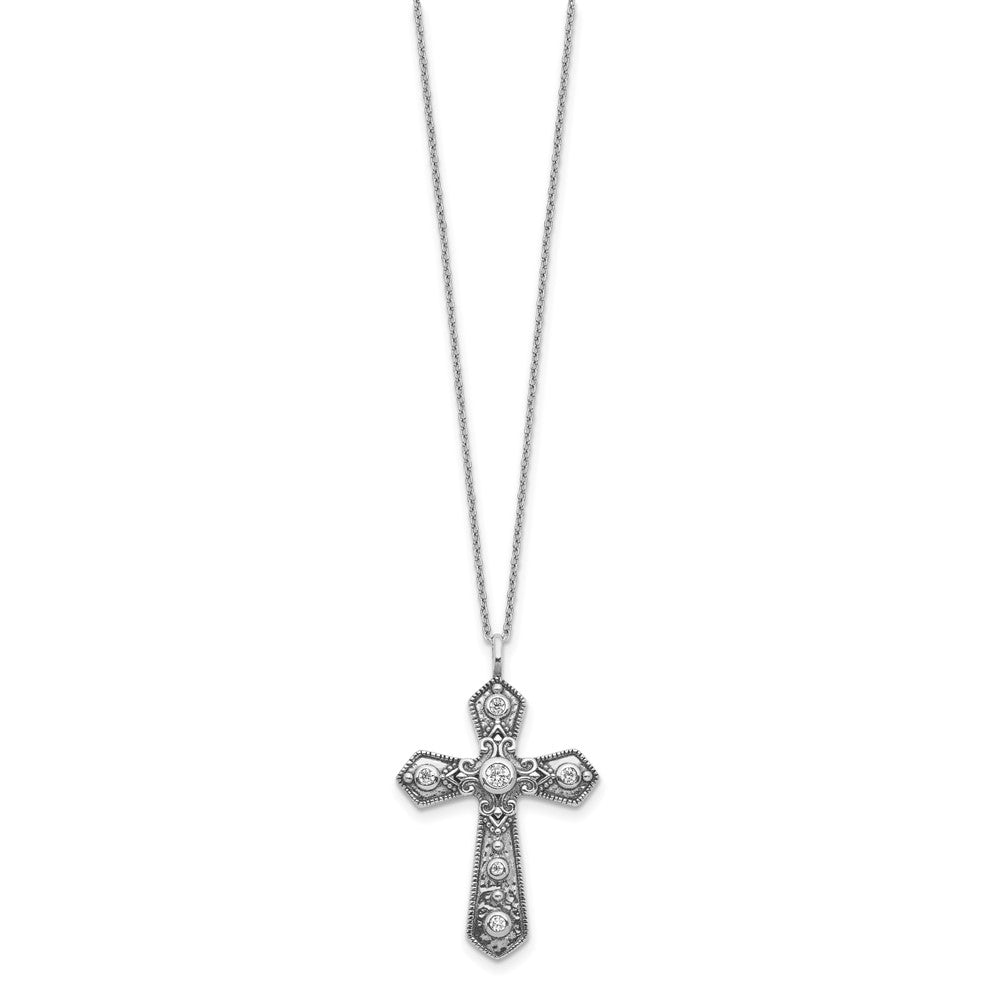 Sterling Silver Antiqued Cz Fancy Cross W/2In Ext. Necklace