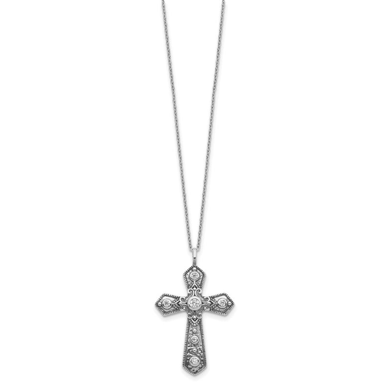 Sterling Silver Antiqued Cz Fancy Cross W/2In Ext. Necklace