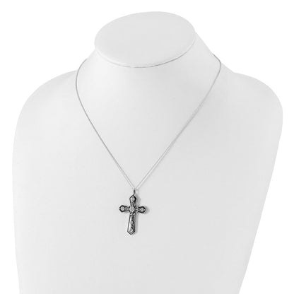 Sterling Silver Antiqued Cz Fancy Cross W/2In Ext. Necklace
