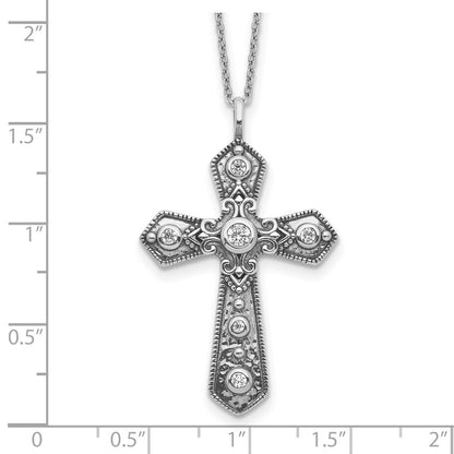 Sterling Silver Antiqued Cz Fancy Cross W/2In Ext. Necklace