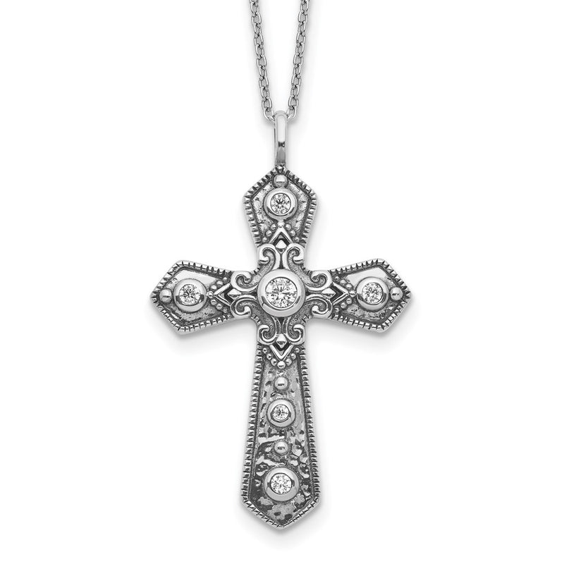 Sterling Silver Antiqued Cz Fancy Cross W/2In Ext. Necklace