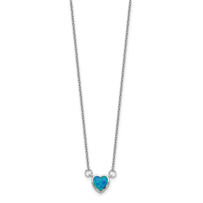 Sterling Silver Rhodium-Plated Created Opal Heart W/ 4In Ext. Choker