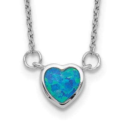 Sterling Silver Rhodium-Plated Created Opal Heart W/ 4In Ext. Choker