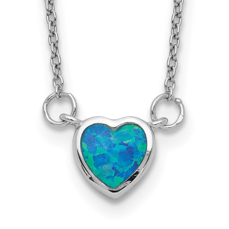 Sterling Silver Rhodium-Plated Created Opal Heart W/ 4In Ext. Choker