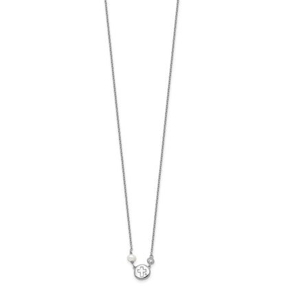 Sterling Silver Rh-Plated Cz/Cross/Fwc Pearl W/2In Ext Necklace