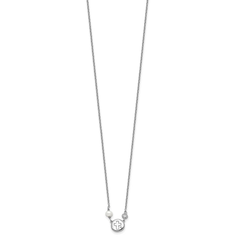 Sterling Silver Rh-Plated Cz/Cross/Fwc Pearl W/2In Ext Necklace