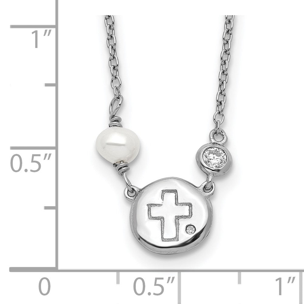 Sterling Silver Rh-Plated Cz/Cross/Fwc Pearl W/2In Ext Necklace