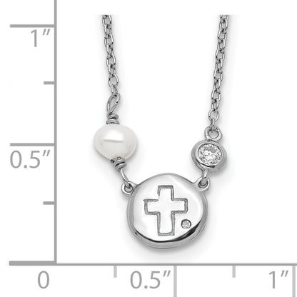 Sterling Silver Rh-Plated Cz/Cross/Fwc Pearl W/2In Ext Necklace