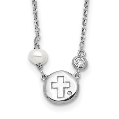 Sterling Silver Rh-Plated Cz/Cross/Fwc Pearl W/2In Ext Necklace