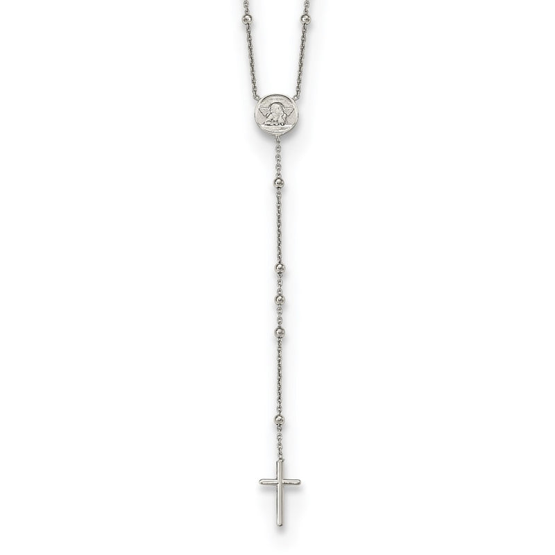 Sterling Silver Rhodium-Plated Beaded Angel Rosary Necklace