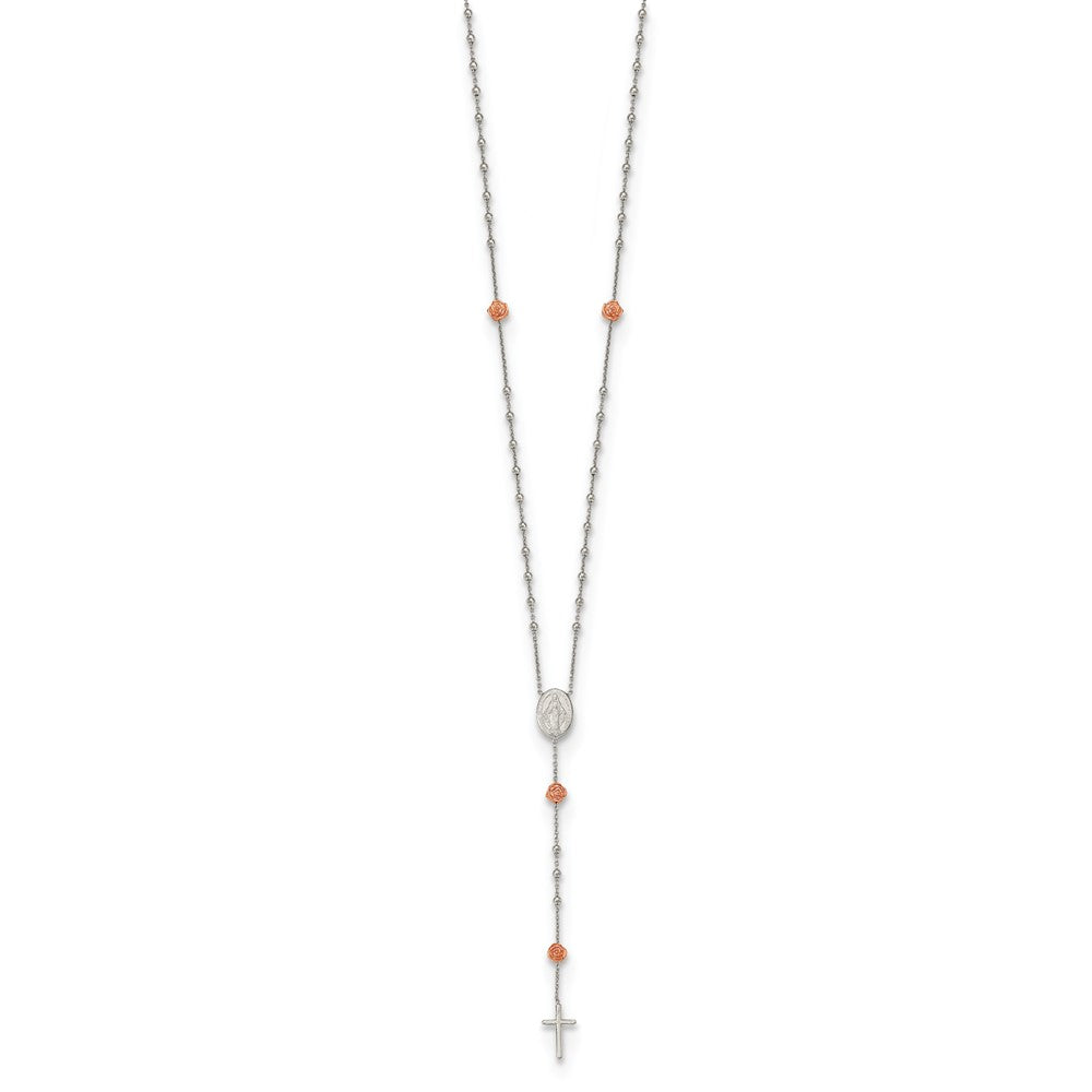 Sterling Silver Rh-Plated Beaded Rosary With Rose-Tone Roses Necklace