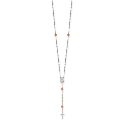 Sterling Silver Rh-Plated Beaded Rosary With Rose-Tone Roses Necklace