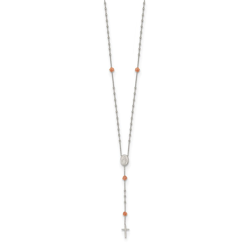 Sterling Silver Rh-Plated Beaded Rosary With Rose-Tone Roses Necklace