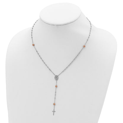 Sterling Silver Rh-Plated Beaded Rosary With Rose-Tone Roses Necklace