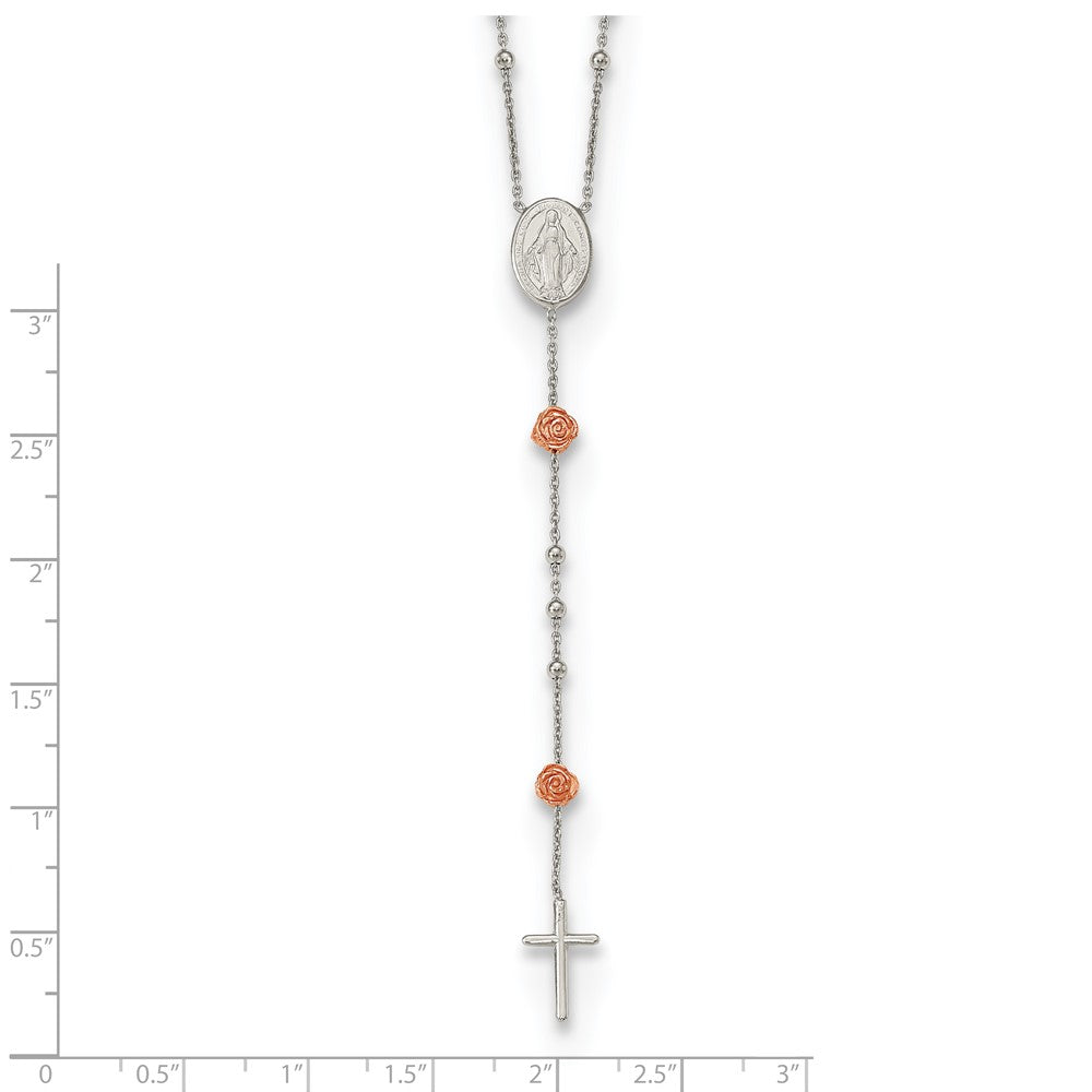 Sterling Silver Rh-Plated Beaded Rosary With Rose-Tone Roses Necklace