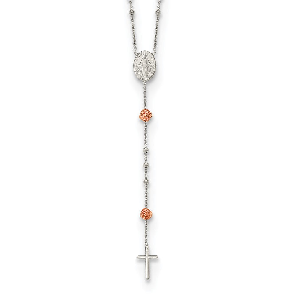 Sterling Silver Rh-Plated Beaded Rosary With Rose-Tone Roses Necklace
