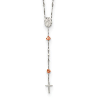 Sterling Silver Rh-Plated Beaded Rosary With Rose-Tone Roses Necklace