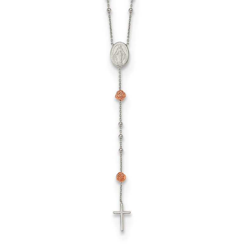 Sterling Silver Rh-Plated Beaded Rosary With Rose-Tone Roses Necklace