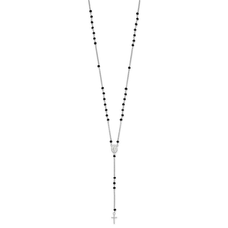 Sterling Silver Rhodium-Plated Black Beaded Rosary W/1.25In .Ext Necklace
