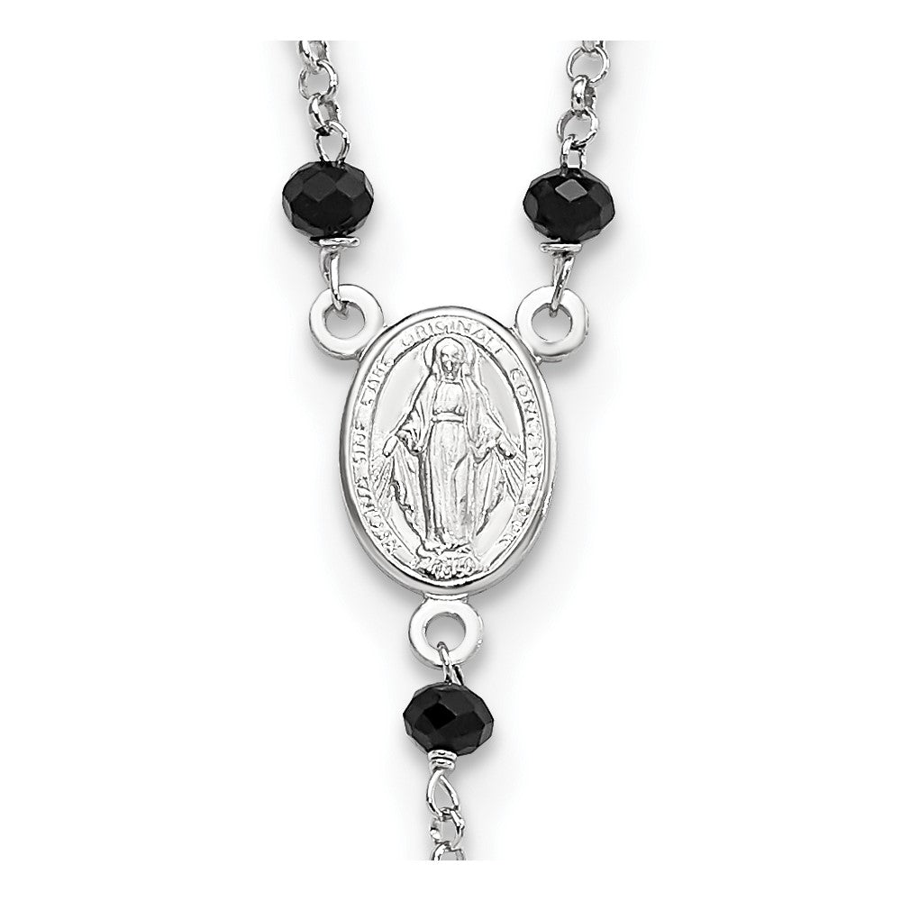 Sterling Silver Rhodium-Plated Black Beaded Rosary W/1.25In .Ext Necklace