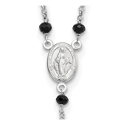 Sterling Silver Rhodium-Plated Black Beaded Rosary W/1.25In .Ext Necklace