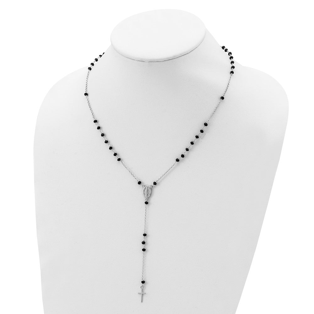 Sterling Silver Rhodium-Plated Black Beaded Rosary W/1.25In .Ext Necklace