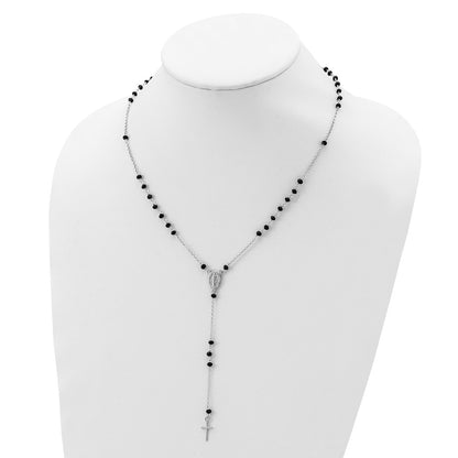 Sterling Silver Rhodium-Plated Black Beaded Rosary W/1.25In .Ext Necklace