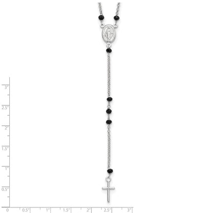 Sterling Silver Rhodium-Plated Black Beaded Rosary W/1.25In .Ext Necklace