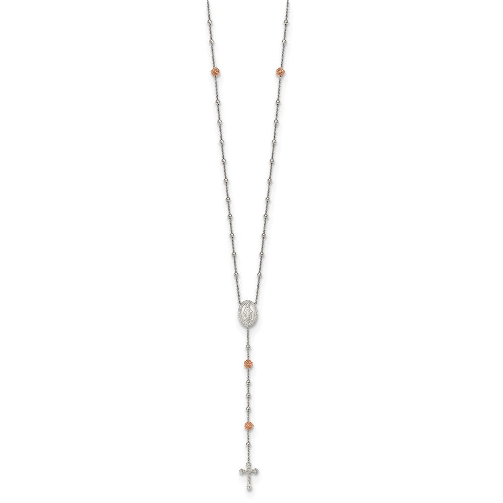 Sterling Silver Rh-Plated Beaded W/Rose-Tone Roses Rosary 21In Necklace