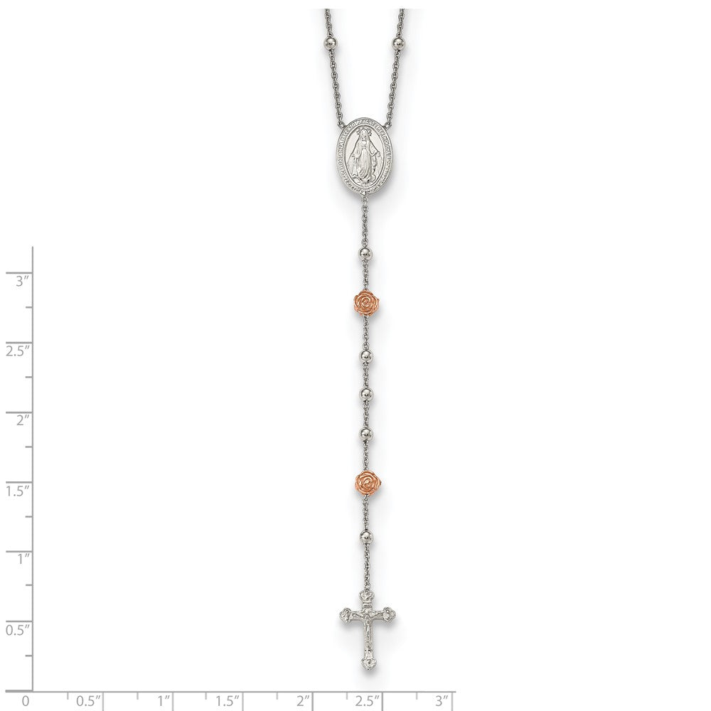 Sterling Silver Rh-Plated Beaded W/Rose-Tone Roses Rosary 21In Necklace