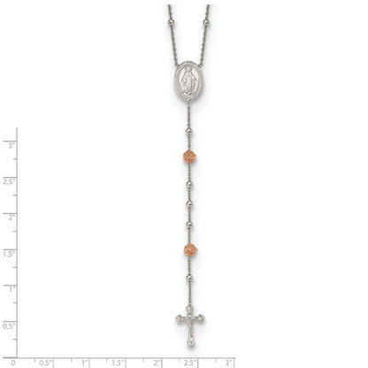 Sterling Silver Rh-Plated Beaded W/Rose-Tone Roses Rosary 21In Necklace