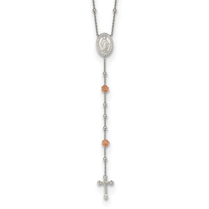 Sterling Silver Rh-Plated Beaded W/Rose-Tone Roses Rosary 21In Necklace