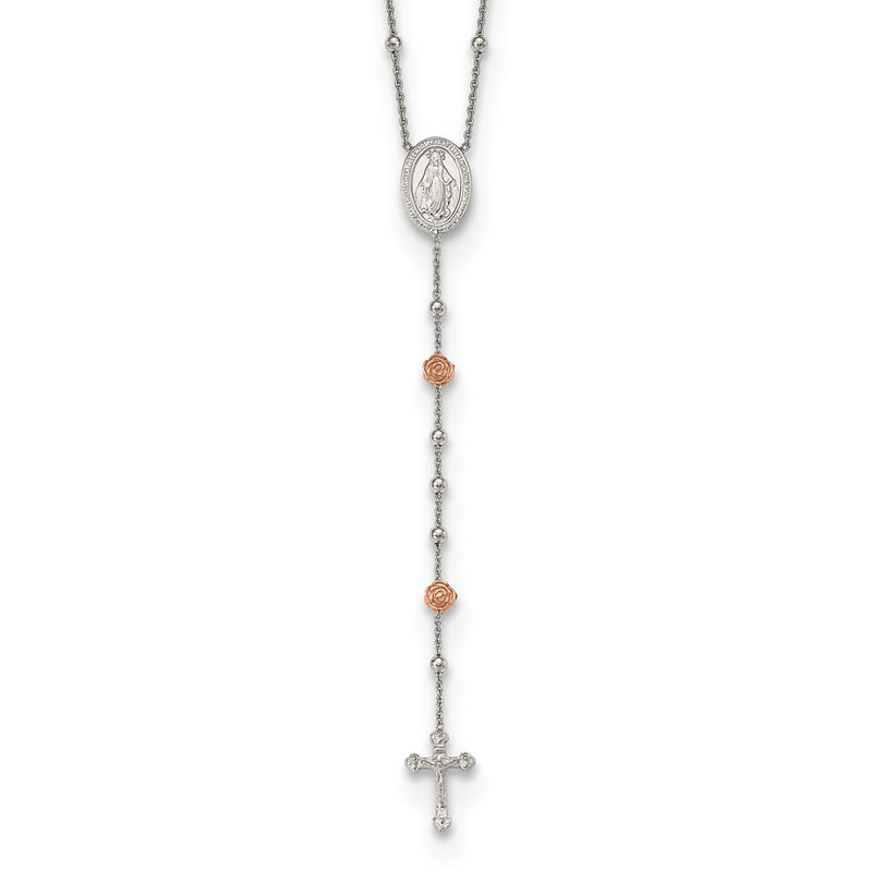Sterling Silver Rh-Plated Beaded W/Rose-Tone Roses Rosary 21In Necklace