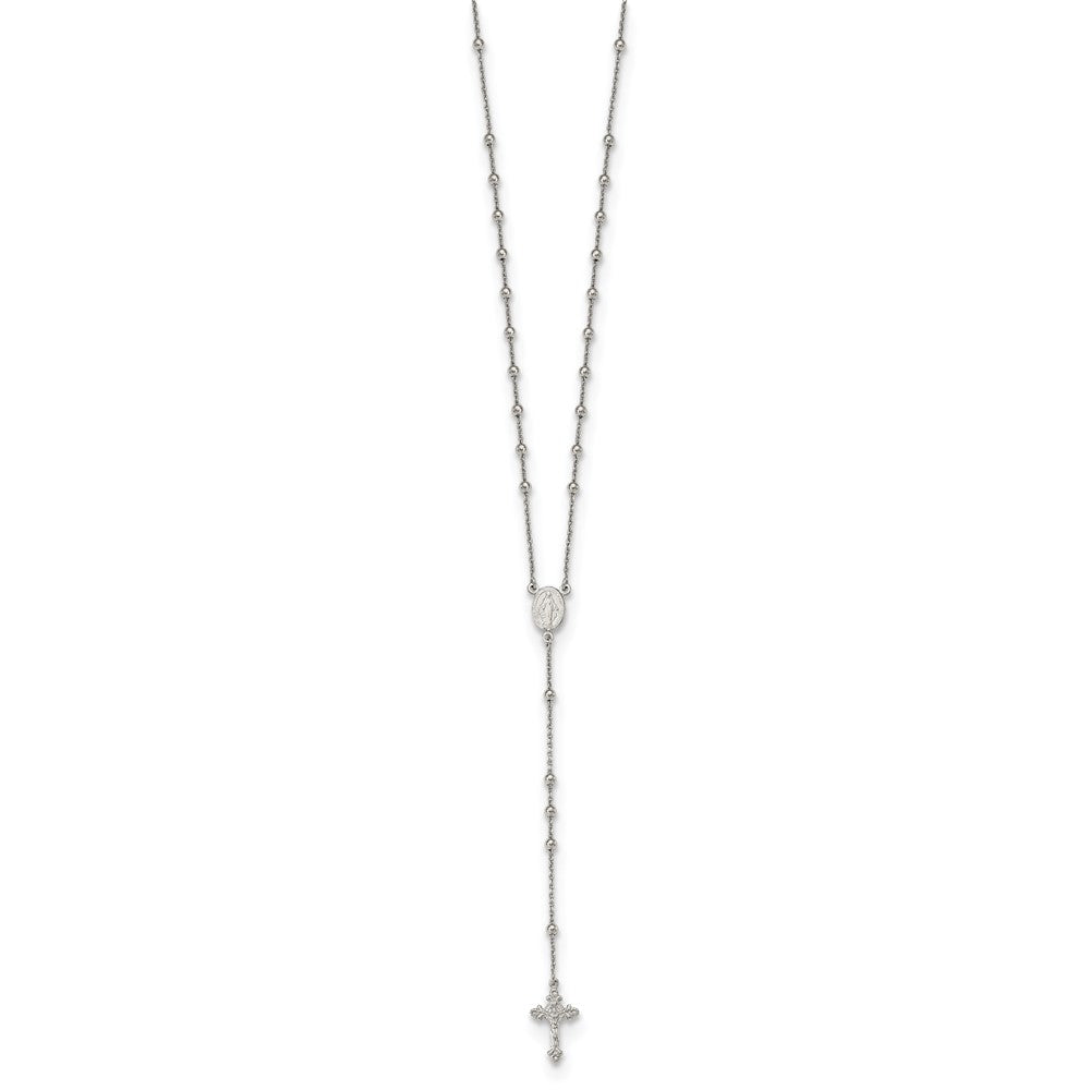 Sterling Silver Rhodium-Plated Beaded Rosary 27 Inch Necklace