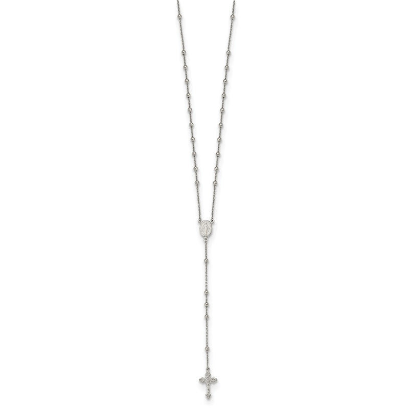 Sterling Silver Rhodium-Plated Beaded Rosary 27 Inch Necklace