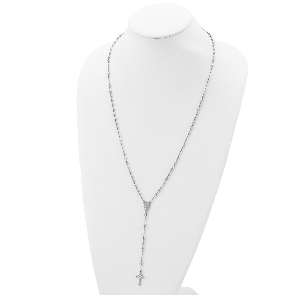 Sterling Silver Rhodium-Plated Beaded Rosary 27 Inch Necklace