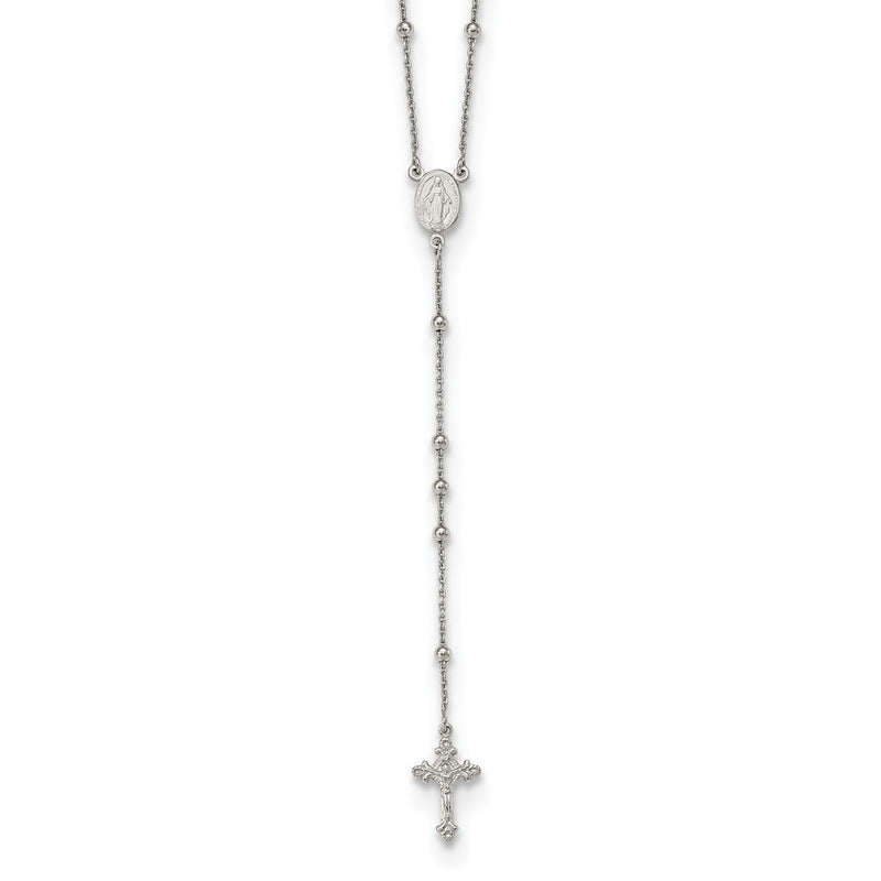 Sterling Silver Rhodium-Plated Beaded Rosary 27 Inch Necklace
