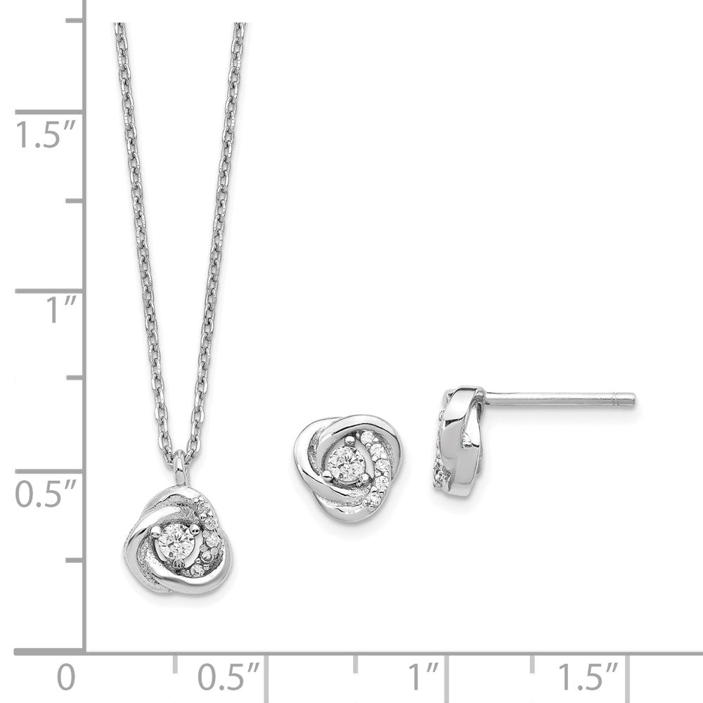 Sterling Silver Rhodium-Plated Cz Love Knot Earrings W/2In Ext Necklace Set